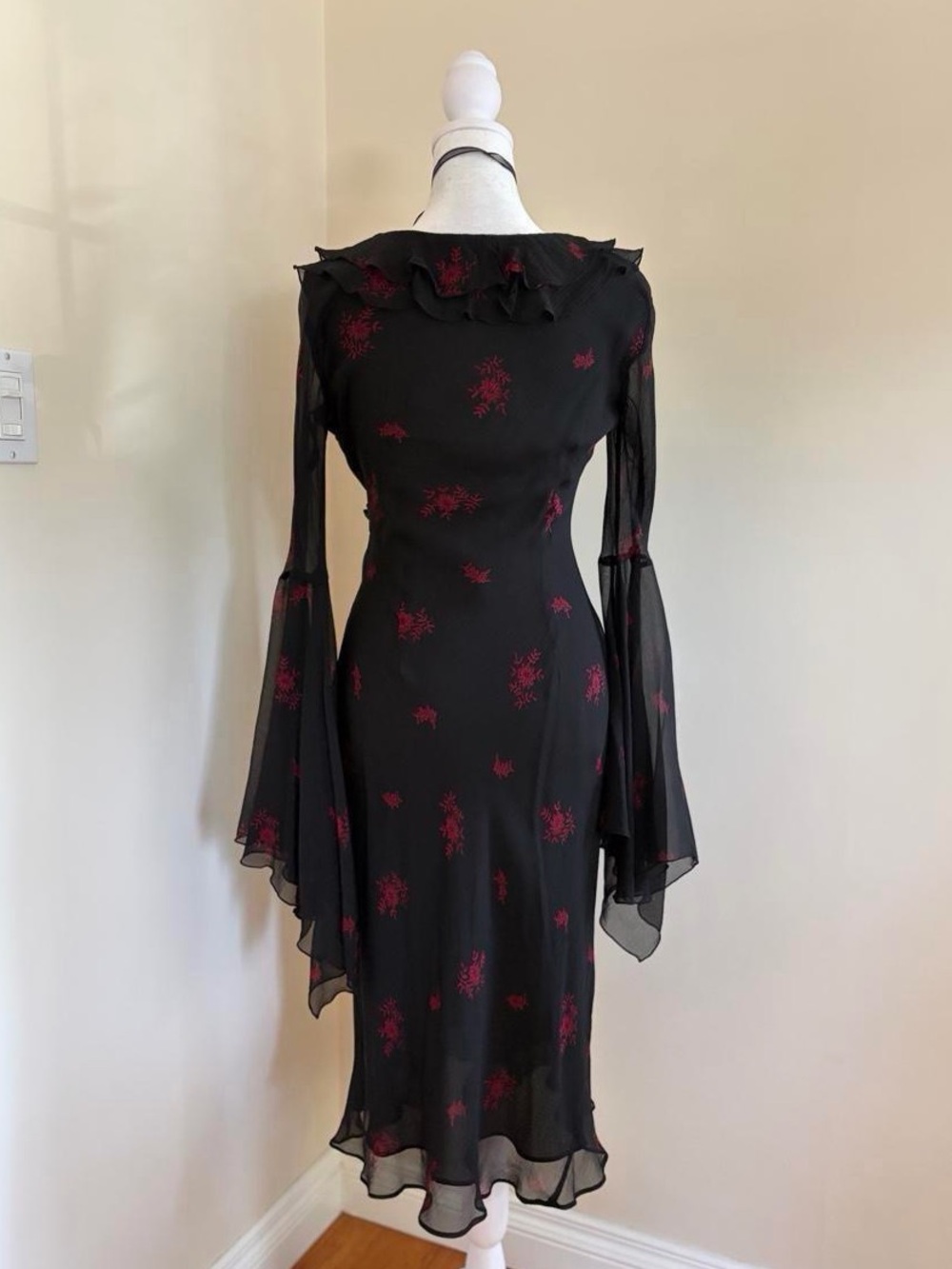 Vintage Y2K silk black ruffle goth bias cut floral dress LIKE Betsey Johnson S - Picture 8 of 10